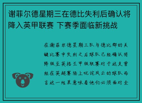 谢菲尔德星期三在德比失利后确认将降入英甲联赛 下赛季面临新挑战 谢菲尔德星期三在德比失利后确认将降入英甲联赛 下赛季面临新挑战