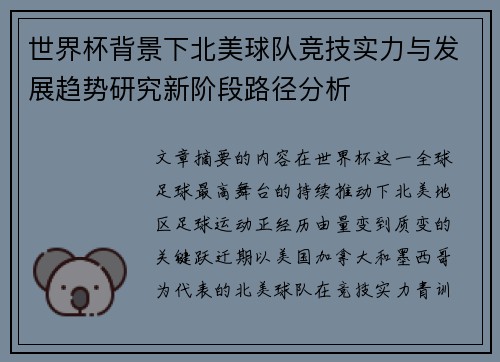 世界杯背景下北美球队竞技实力与发展趋势研究新阶段路径分析 世界杯背景下北美球队竞技实力与发展趋势研究新阶段路径分析