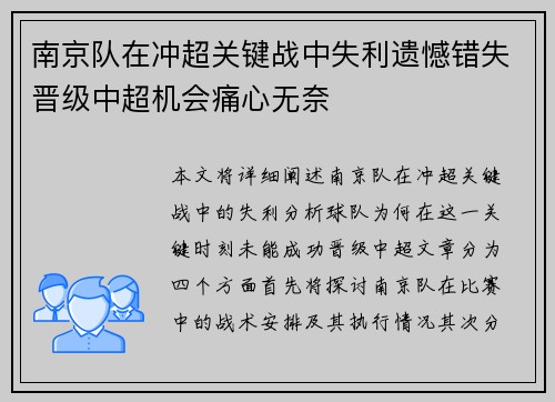 南京队在冲超关键战中失利遗憾错失晋级中超机会痛心无奈